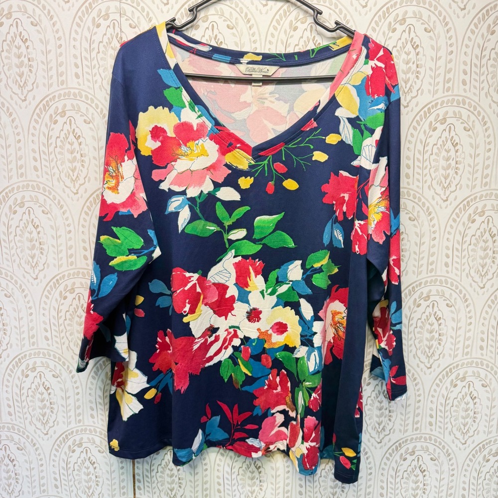 The Pioneer Woman V-Neck Top Womens XXL Navy Floral 3/4 Sleeve Knit Pullover